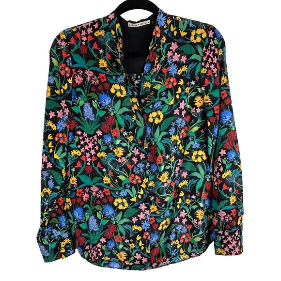 Alice + Olivia Eloise Silk Button Down Blouse Black Multi Color Floral Print  S - Picture 1 of 13